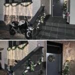 Encendiendo la Navidad Lugar: Manuel Azaña, 22, chalet 2 Materiales utilizados: Corona puerta realizada por la propietaria con ramas de olivo, piñas y decoración navideña, luces led a pilas y enchufables, guirnaldas navidad, cintas y bolas decorativas, estrellas de papel y muñecos de nieve.