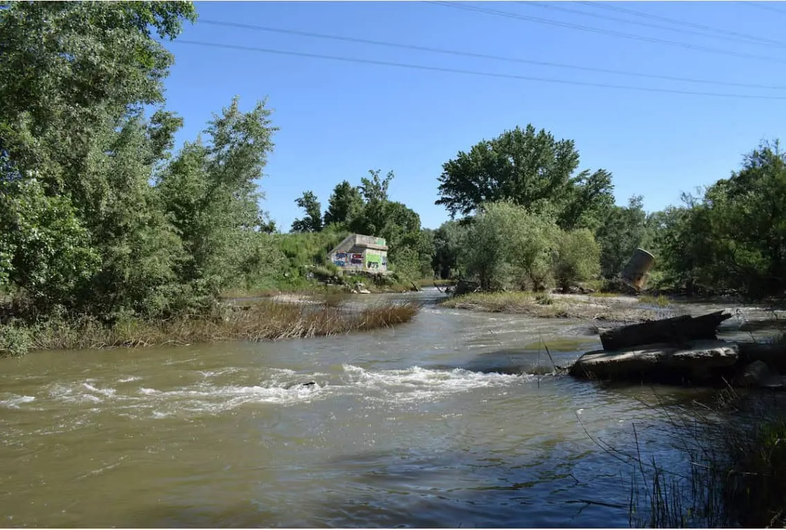 Al fondo, restos de las pilonas que sujetaban el antiguo puente del Tren de la Azucarera sobre el río Henares Al fondo, restos de las pilonas que sujetaban el antiguo puente del Tren de la Azucarera sobre el río Henares