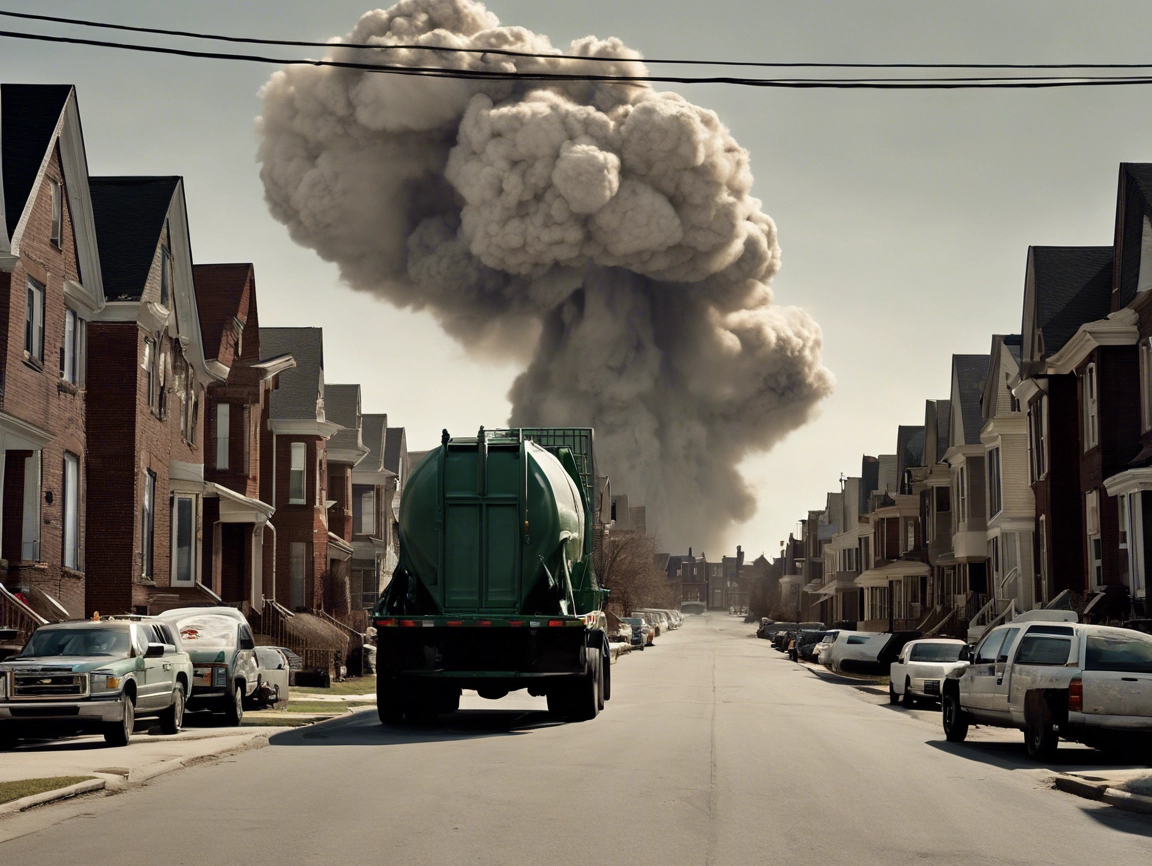 Imagen generada con IA de un camión recorriendo una urbanización, mientras al fondo se ve una explosión que puede deberse a un arma nuclear.