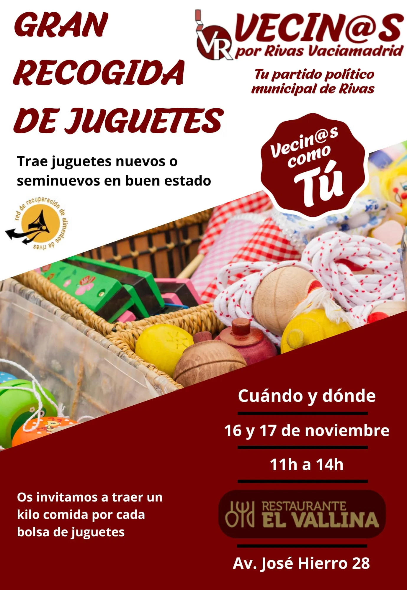 CARTEL Gran recogida de juguetes_2024 Cartel de la recogida de juguetes por Navidad de Vecinos por Rivas. 2024.
