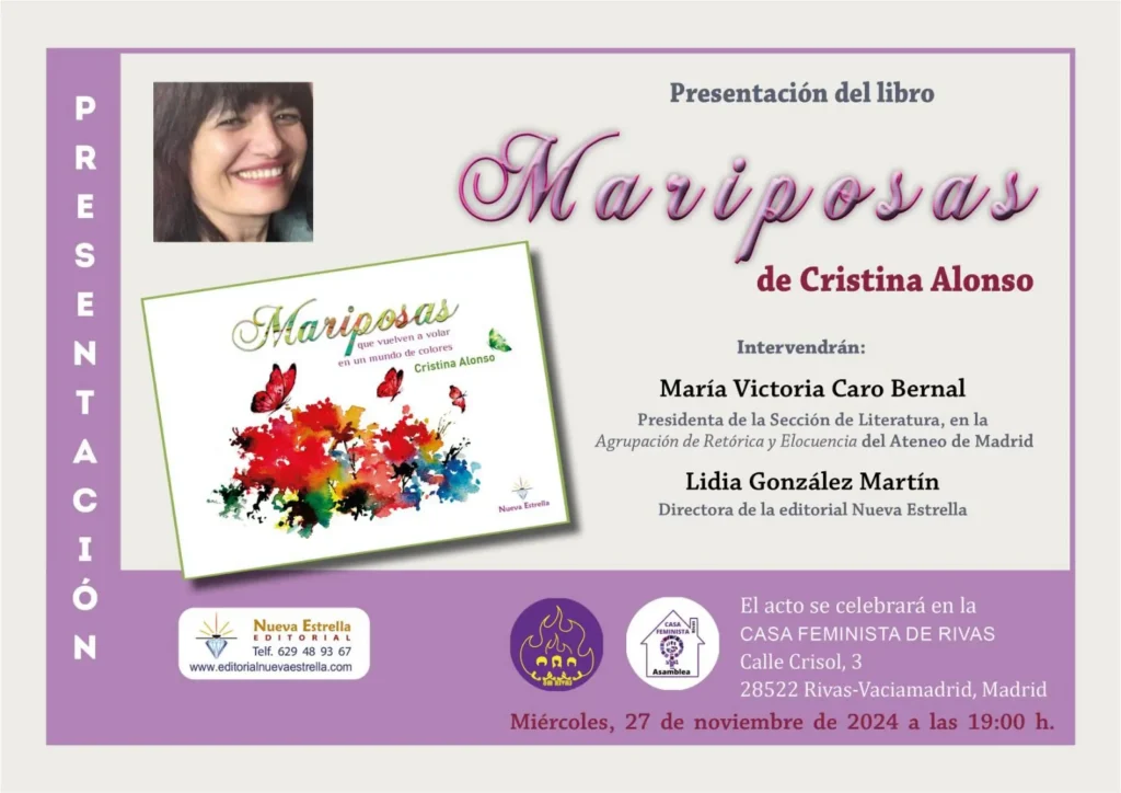 La última actividad de la Asamblea 8M Rivas en el entorno de fechas del 25N será la presentación del libro "Mariposas" de Cristina Alonso.