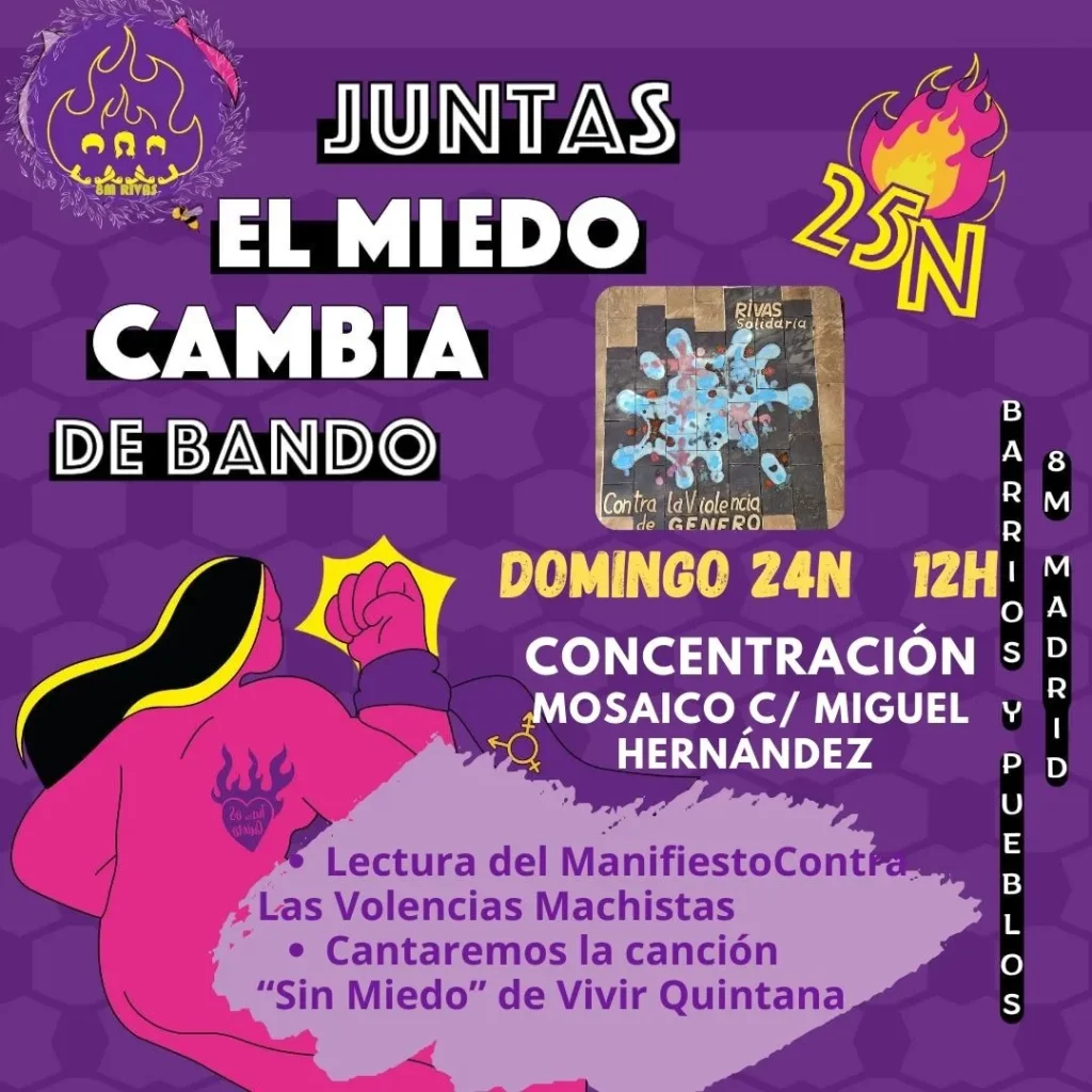 Concentración feminista, organizada por la Asamblea 8M de Rivas con motivo del 25N. Las actividades terminarán con la multitudinaria asistencia a la movilización del día siguiente en Madrid.