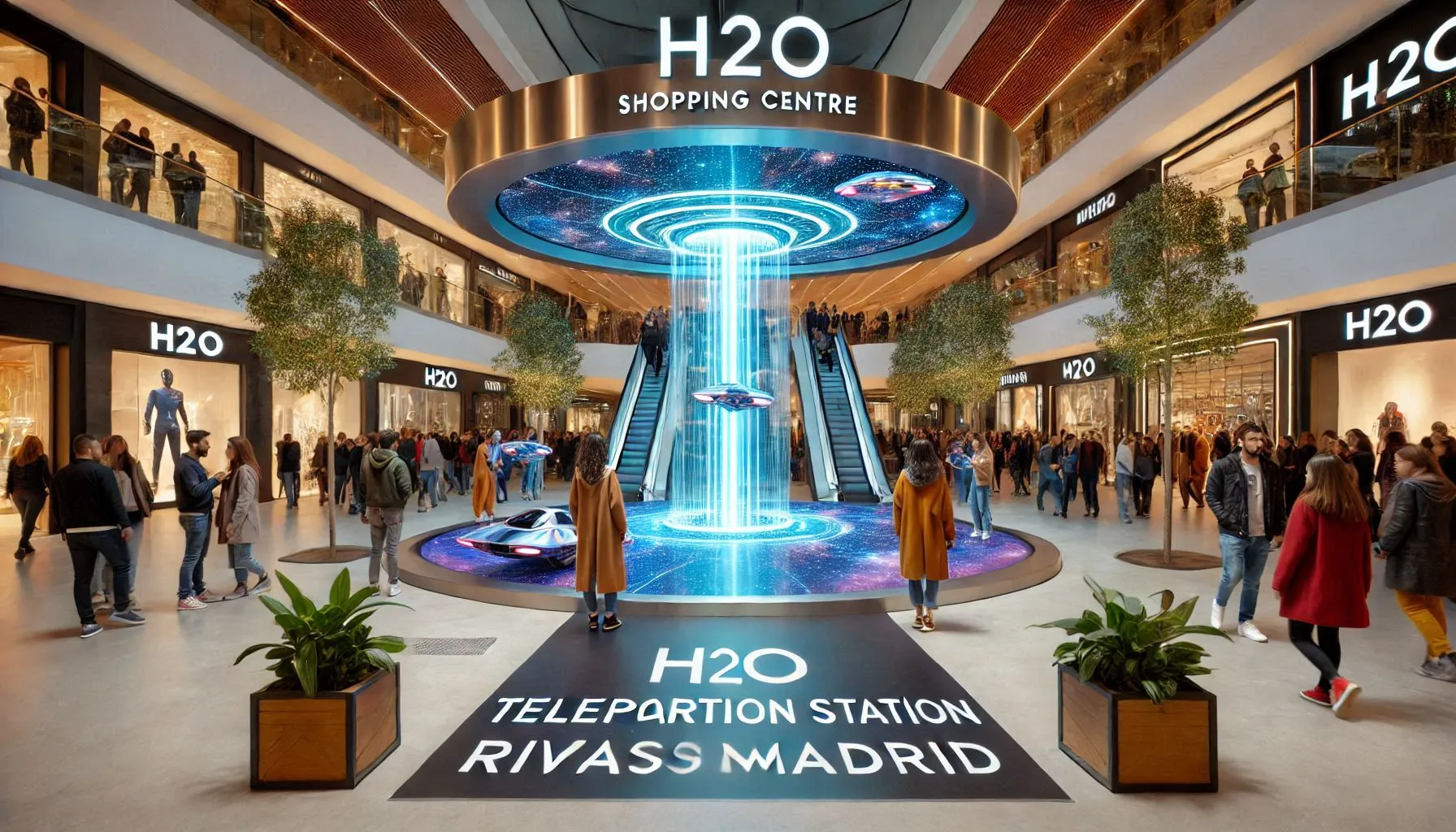 Una foto de la inauguración una estación de teletransporte en el centro comercial H2O de Rivas Vaciamadrid. Imagen Generada por IA