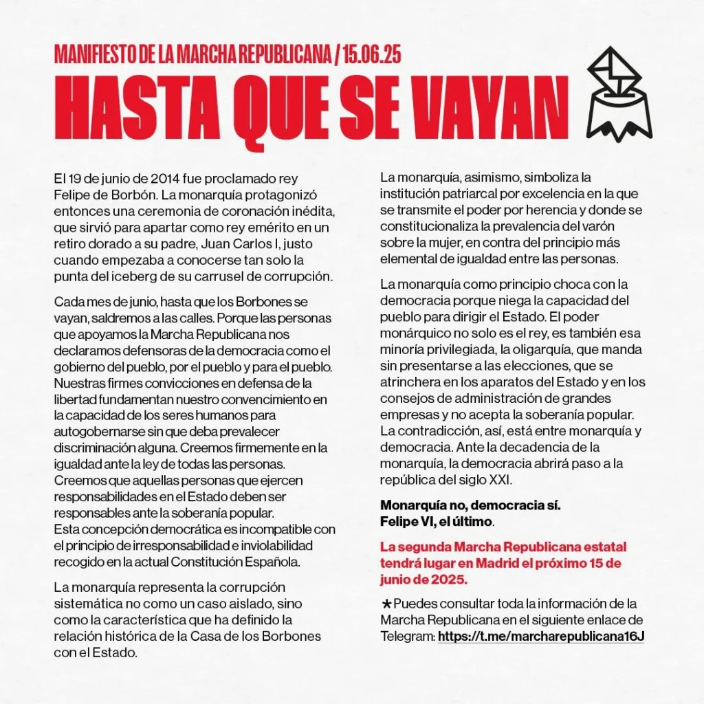 Manifiesto de la Segunda Marcha Republicana que tendrá lugar el 15 de junio de 2025.