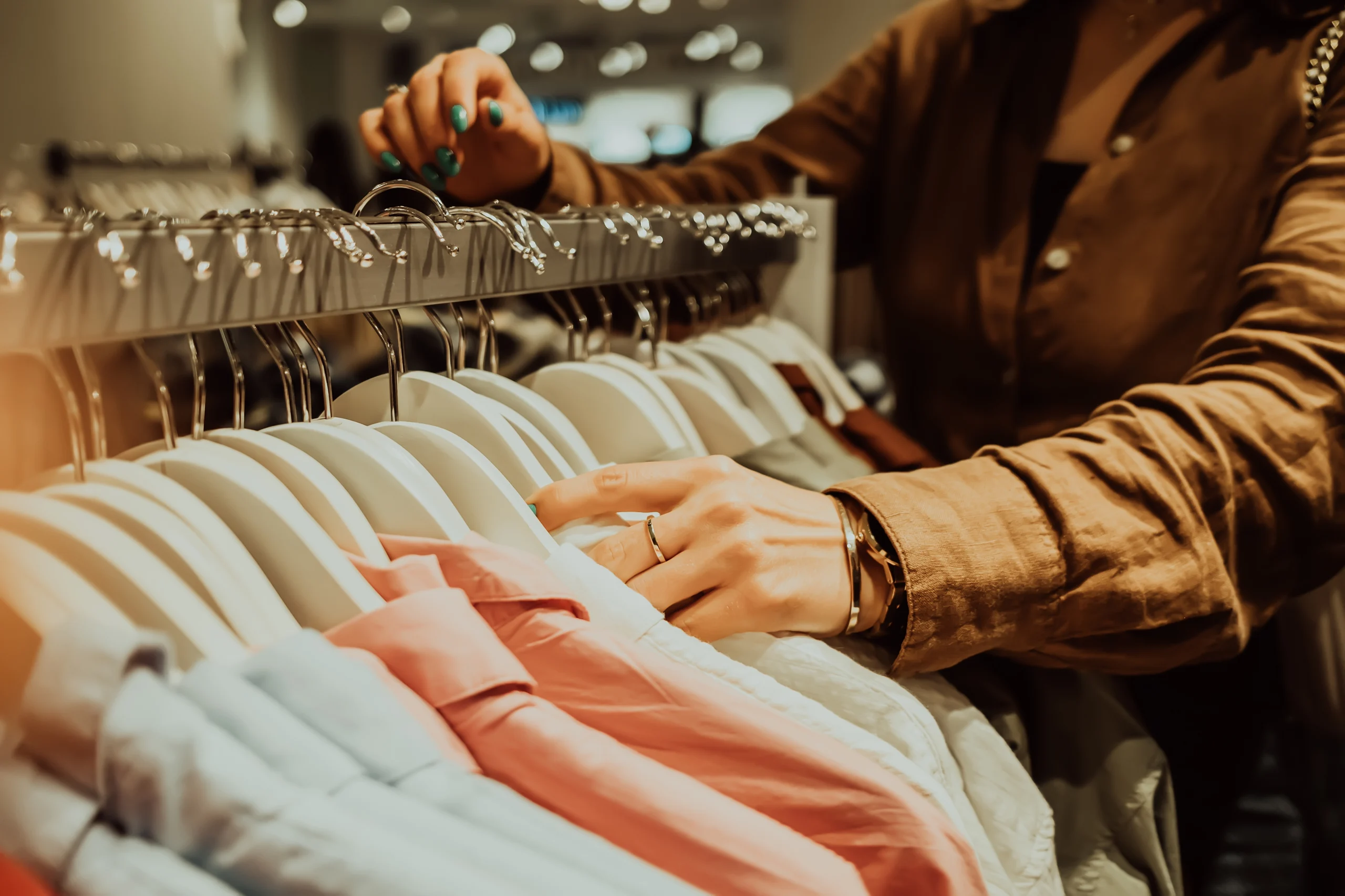 Mujer adquiriendo prenda textil en un comercio | Foto de 13rf/kohanova