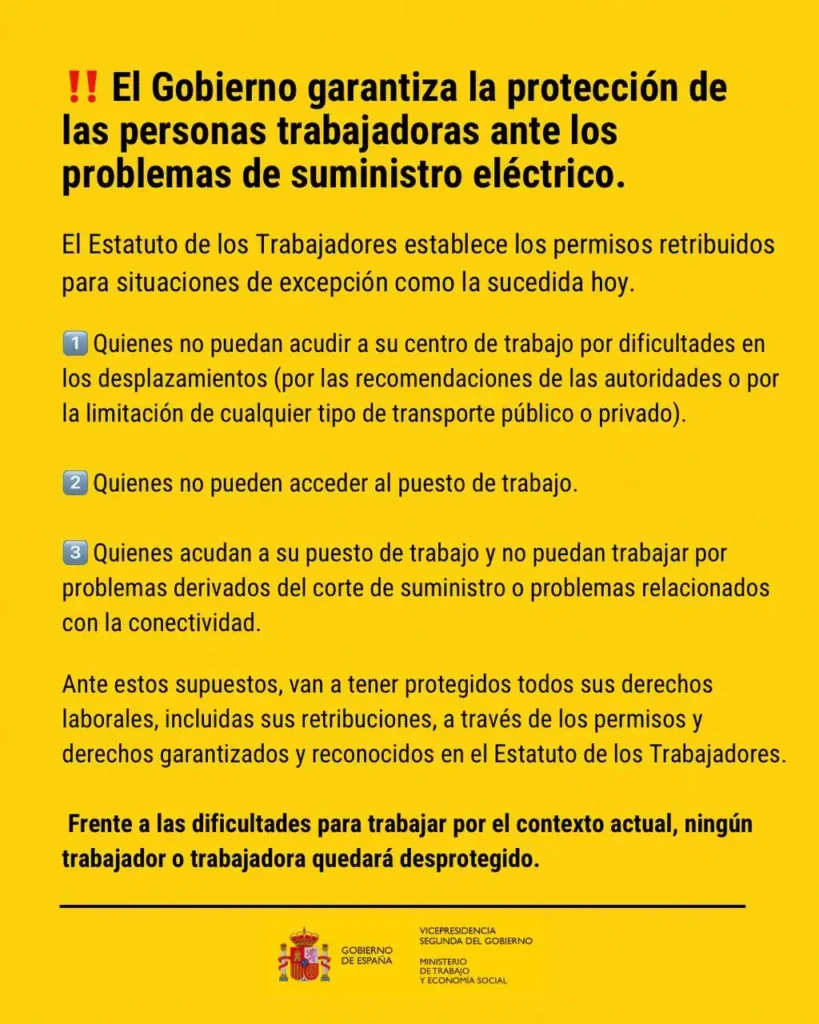 Cartel compartido en redes sociales por el Ministerio de Trabajo, ante el apagón que también afectó a Rivas.