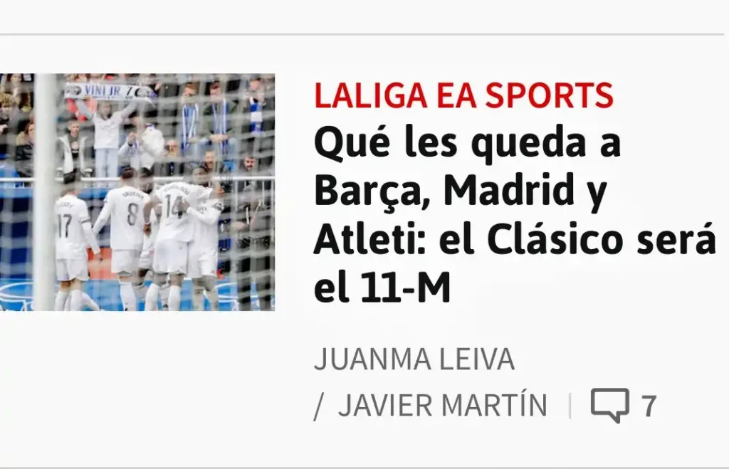 Vista previa de la noticia en la que se usan las siglas 11M para una noticia deportiva.