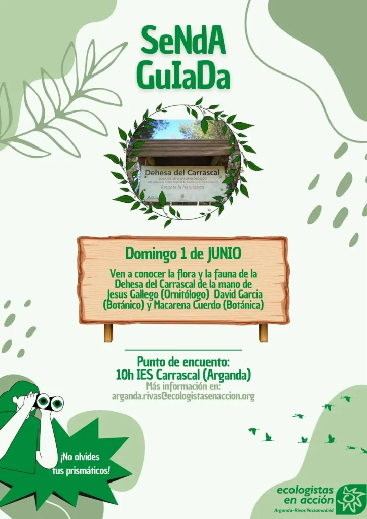 Cartel de la Senda Guiada de Ecologistas en Acción por la Dehesa del Carrascal en Arganda.