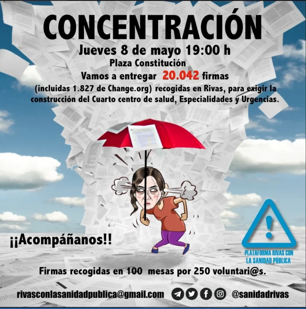 Cartel de la presentación de las firmas por la sanidad pública tras la recogida de 20.000 en Rivas.