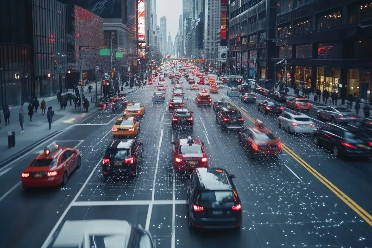 Una concurrida calle urbana con múltiples carriles de tráfico, incluidos coches y taxis. Patrones luminosos digitales cubren la calzada, sugiriendo una avanzada tecnología de movilidad urbana. Edificios altos y peatones se alinean en la calle, reflejando una mayor calidad de vida. Una concurrida calle urbana con múltiples carriles de tráfico, incluidos coches y taxis. Patrones luminosos digitales cubren la calzada, sugiriendo una avanzada tecnología de movilidad urbana. Edificios altos y peatones se alinean en la calle, reflejando una mayor calidad de vida.