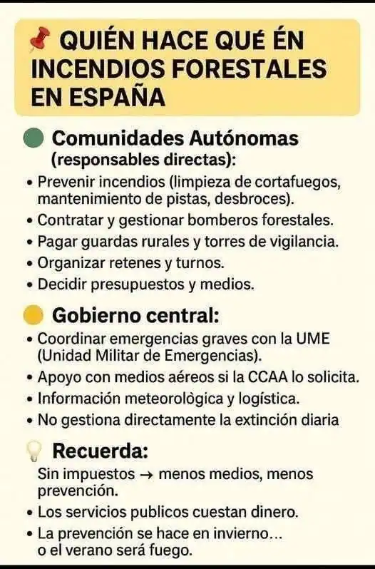 Infografía en la que se explican las funciones de las comunidades autónomas y el Gobierno central, destacando cómo las transferencias autonómicas configuran la gestión de los incendios forestales en España abandonada, además de un recordatorio sobre la prevención y el uso responsable de los servicios.