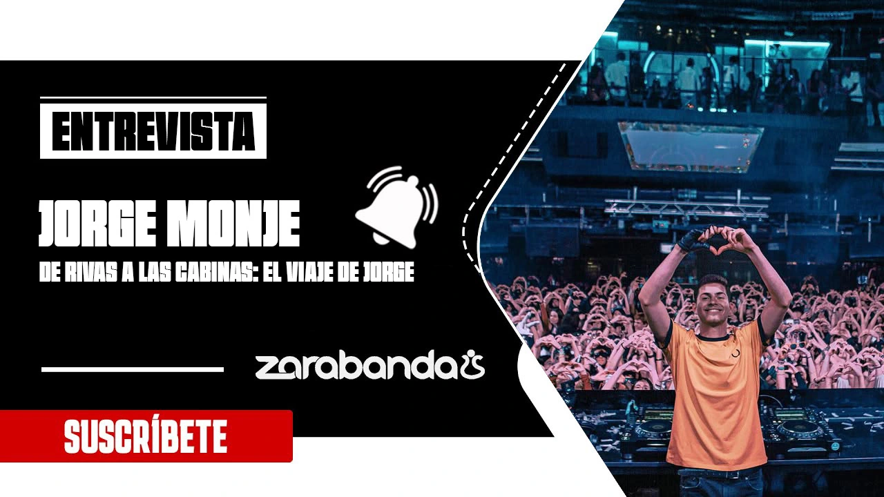 Banner promocional para una entrevista con Jorge Monje: De Rivas a las cabinas-el viaje de Jorge, con un DJ en el escenario con una multitud, además de botones para suscribirse y explorar Zarabanda's.