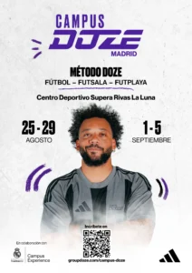 Cartel de Campus Doze Madrid con Marcelo Vieira en camiseta negra y gris. Fechas del evento: 25-29 de agosto y 1-5 de septiembre en el Centro Deportivo Supera Rivas La Luna. Incluye un código QR y logotipos en la parte inferior.