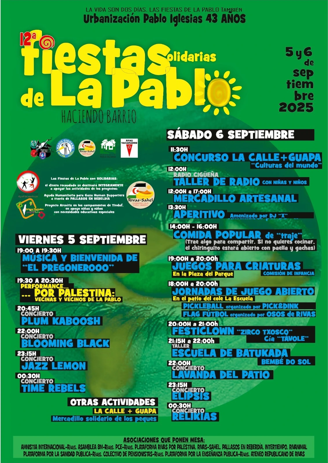 Cartel de las II Fiestas Solidarias de La Pablo 2025 en Rivas, previstas para los días 5 y 6 de septiembre, con horarios, actividades y talleres sobre un colorido fondo de playa y mar y texto en amarillo y azul.