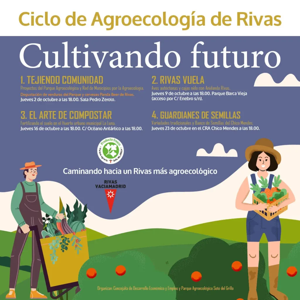 Un colorido cartel ilustrado anuncia el Ciclo de Rivas con detalles del evento, fechas y figuras de dibujos animados de personas que sostienen hortalizas y herramientas de jardinería, celebrando la agroecología con plantas vibrantes y una carretilla.