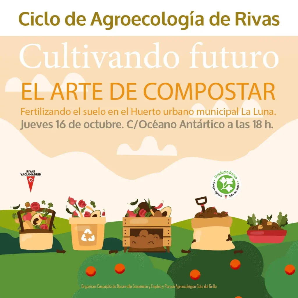 Cartel promocional para el evento Ciclo de Agroecología en Rivas sobre compostaje, con cubos de compostaje ilustrados, verduras y texto con detalles del evento sobre un fondo amarillo y verde.