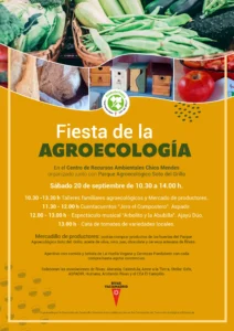 Cartel promocional de la Fiesta de la Agroecología en Rivas, con información sobre talleres, actividades y un mercado agrícola. El fondo muestra verduras y frutas variadas, como tomates y lechugas, que celebran el legado de Chico Mendes.