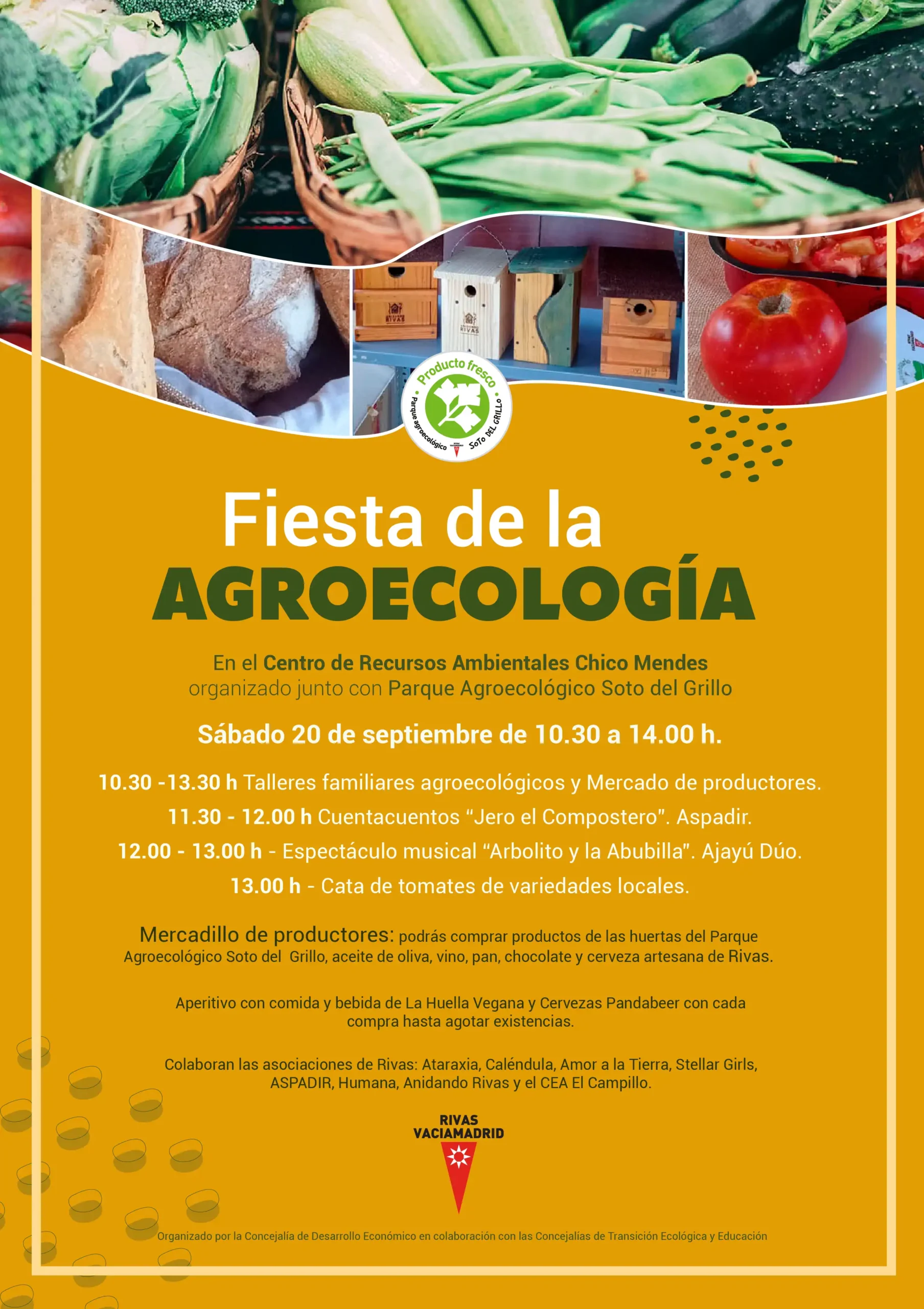 Cartel promocional de la Fiesta de la Agroecología en Rivas, con información sobre talleres, actividades y un mercado agrícola. El fondo muestra verduras y frutas variadas, como tomates y lechugas, que celebran el legado de Chico Mendes.