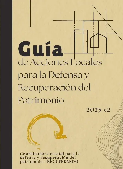 Portada de una guía titulada Guía de Acciones Locales para la Defensa y Recuperación del Patrimonio 2025 v2, con líneas geométricas abstractas y una pincelada circular amarilla, centrada en las inmatriculaciones de la Iglesia en Rivas.