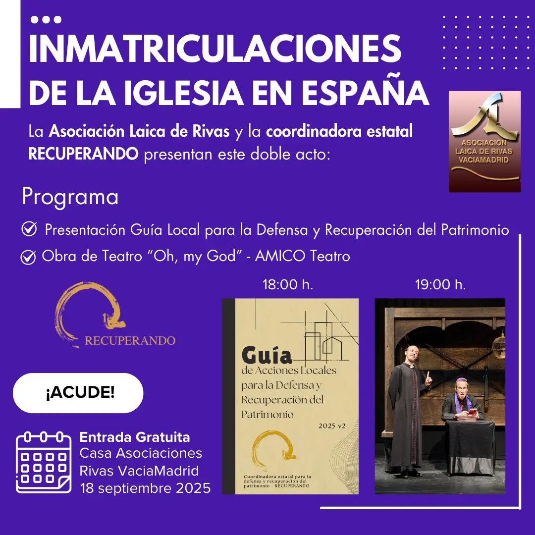 Cartel promocional de "Inmatriculaciones de la Iglesia en España" centrado en las inmatriculaciones de la Iglesia en Rivas, con presentación de libro a las 18:00 horas y teatro a las 19:00 horas. Entrada libre el 18 de septiembre de 2025.