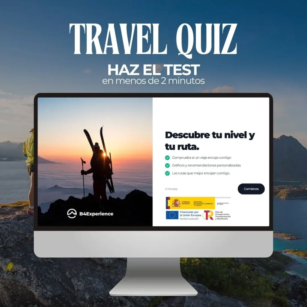 Un monitor de ordenador muestra una página web titulada Descubre tu nivel y tu ruta con la silueta de un esquiador al atardecer. El texto sobre el monitor dice TRAVEL QUIZ: Haz el test en menos de 2 minutos sobre actividades de aventura sobre un fondo de montaña.
