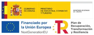 Logotipos y texto para el Gobierno de España, Ministerio de Industria, Comercio y Turismo, Secretaría de Estado de Turismo, con la bandera de la UE y "Financiado por la Unión Europea. NextGenerationEU", destacando actividades de aventura y falta de información.