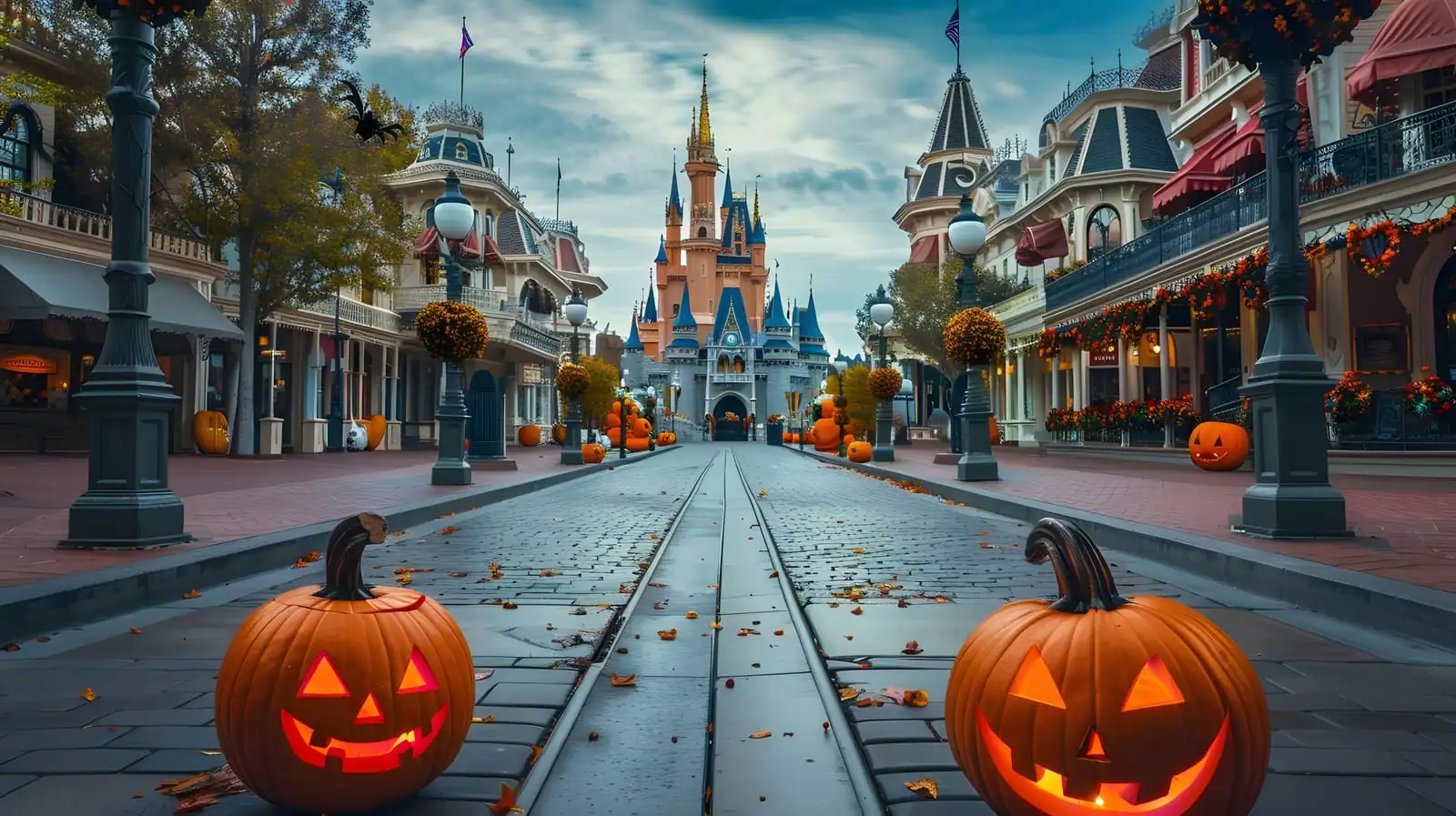 La calle principal de un parque temático de Disney decorada para Halloween, con linternas talladas a lo largo de la calle, guirnaldas naranjas en los edificios y un castillo al fondo bajo un cielo nublado. La calle principal de un parque temático de Disney decorada para Halloween, con linternas talladas a lo largo de la calle, guirnaldas naranjas en los edificios y un castillo al fondo bajo un cielo nublado.