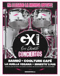 Un cartel con una batería de fondo anuncia "Gira X Rivas En Directo Conciertos" como parte de La Movida ripense, en Bambú, Coolture Café, La Huella Vegana, y Ernesto's Pub del 16 de octubre al 30 de noviembre en la ciudad de Rivas.