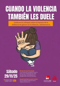 Un cartel con el título Cuando la violencia también les duele, creado como un borrador automático, muestra a un niño sentado con las rodillas en alto, cubriéndose la cara, y una mano levantada que dice BASTA. Los detalles del acto y la información sobre los ponentes figuran a continuación.