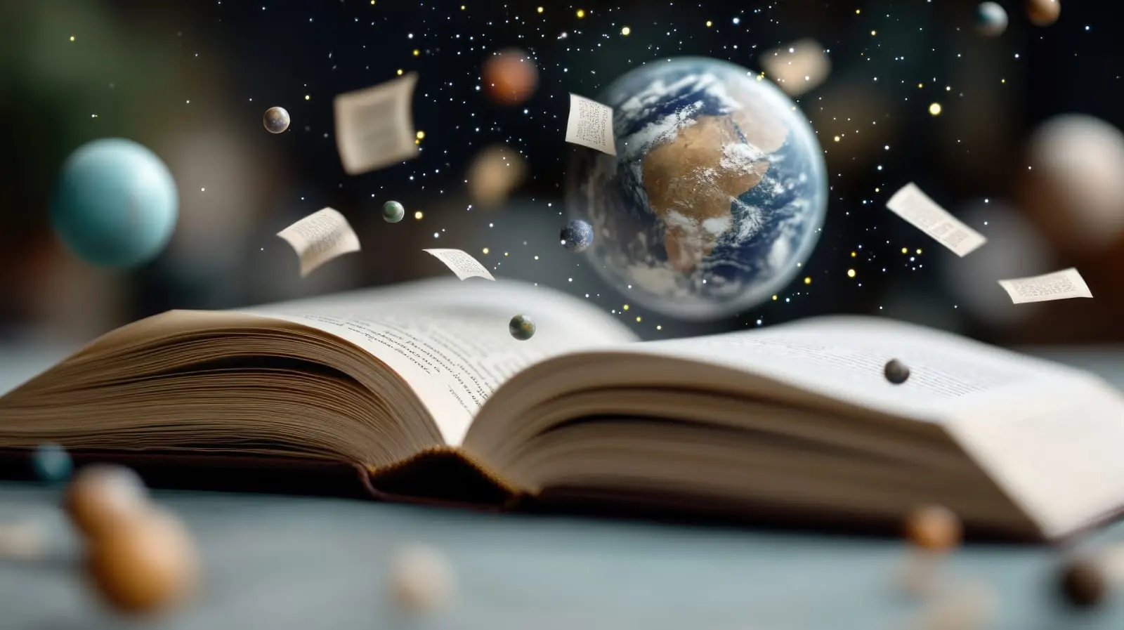 Un libro abierto con páginas y pequeños planetas que flotan fuera de él; la Tierra aparece arriba, rodeada de estrellas y hojas de papel voladoras, evocando El mosaico sagrado y sugiriendo una mezcla de ciencia, imaginación y descubrimiento sin límites.