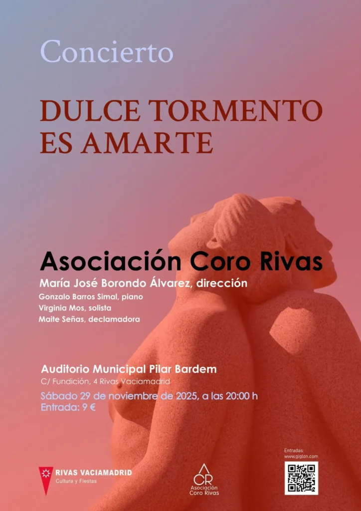 Cartel para el concierto Dulce tormento es amarte de Coro de Rivas, con una estatua de dos figuras abrazadas y detalles del evento -fecha, hora, lugar, precio de la entrada- sobre un fondo rosa.