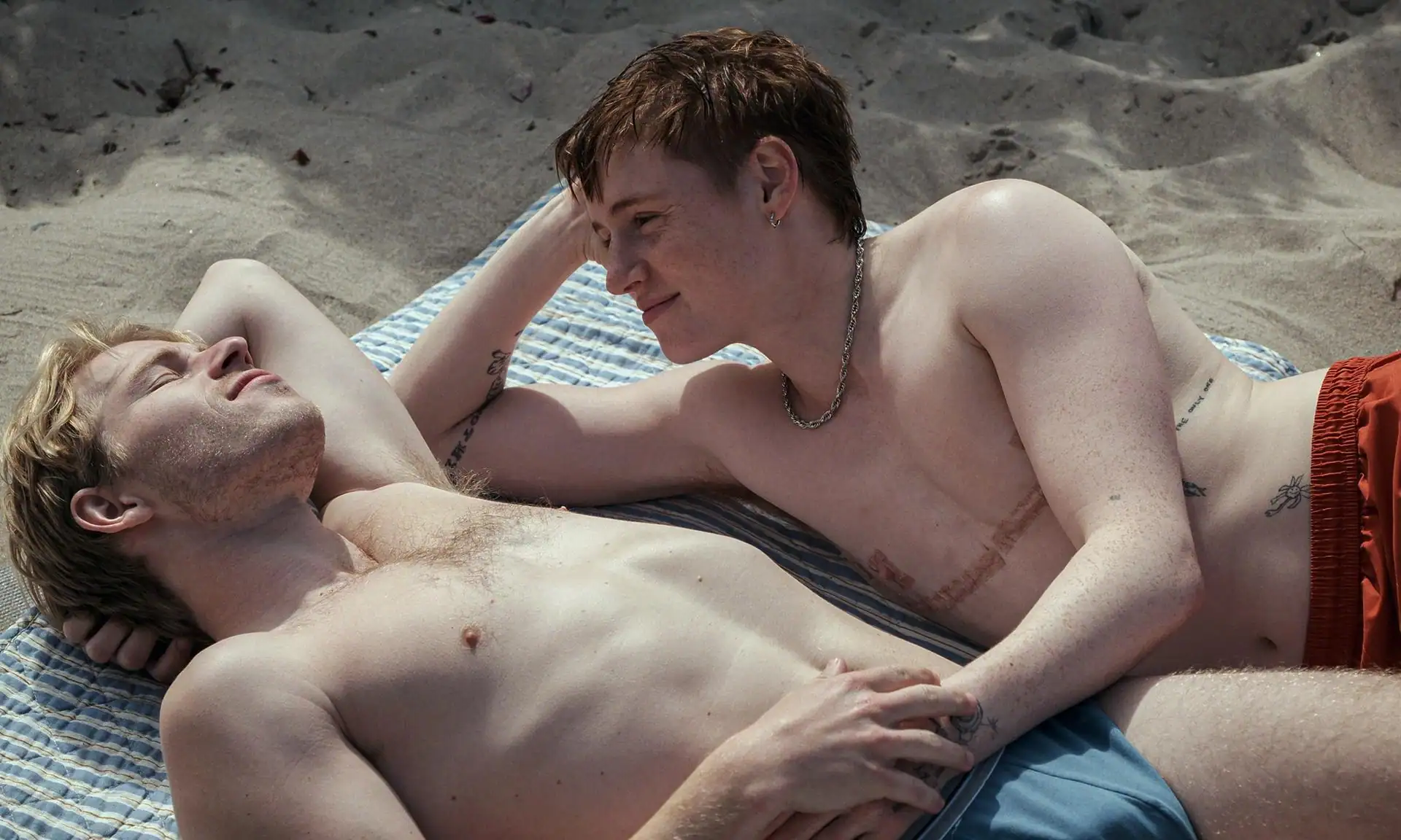 Dos descamisados tumbados en una toalla de rayas en la playa, frente a frente. Su momento de relajación evoca escenas de QueerCineMad, el Festival Internacional de Cine de la Comunidad de Madrid, con la arena rodeando su conexión iluminada por el sol. Dos descamisados tumbados en una toalla de rayas en la playa, frente a frente. Su momento de relajación evoca escenas de QueerCineMad, el Festival Internacional de Cine de la Comunidad de Madrid, con la arena rodeando su conexión iluminada por el sol.