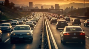 Una concurrida autopista de varios carriles llena de coches en ambas direcciones durante la puesta de sol, con edificios de la ciudad y montañas al fondo, capta una escena perfecta para un Borrador automático del movimiento incesante de la vida urbana.
