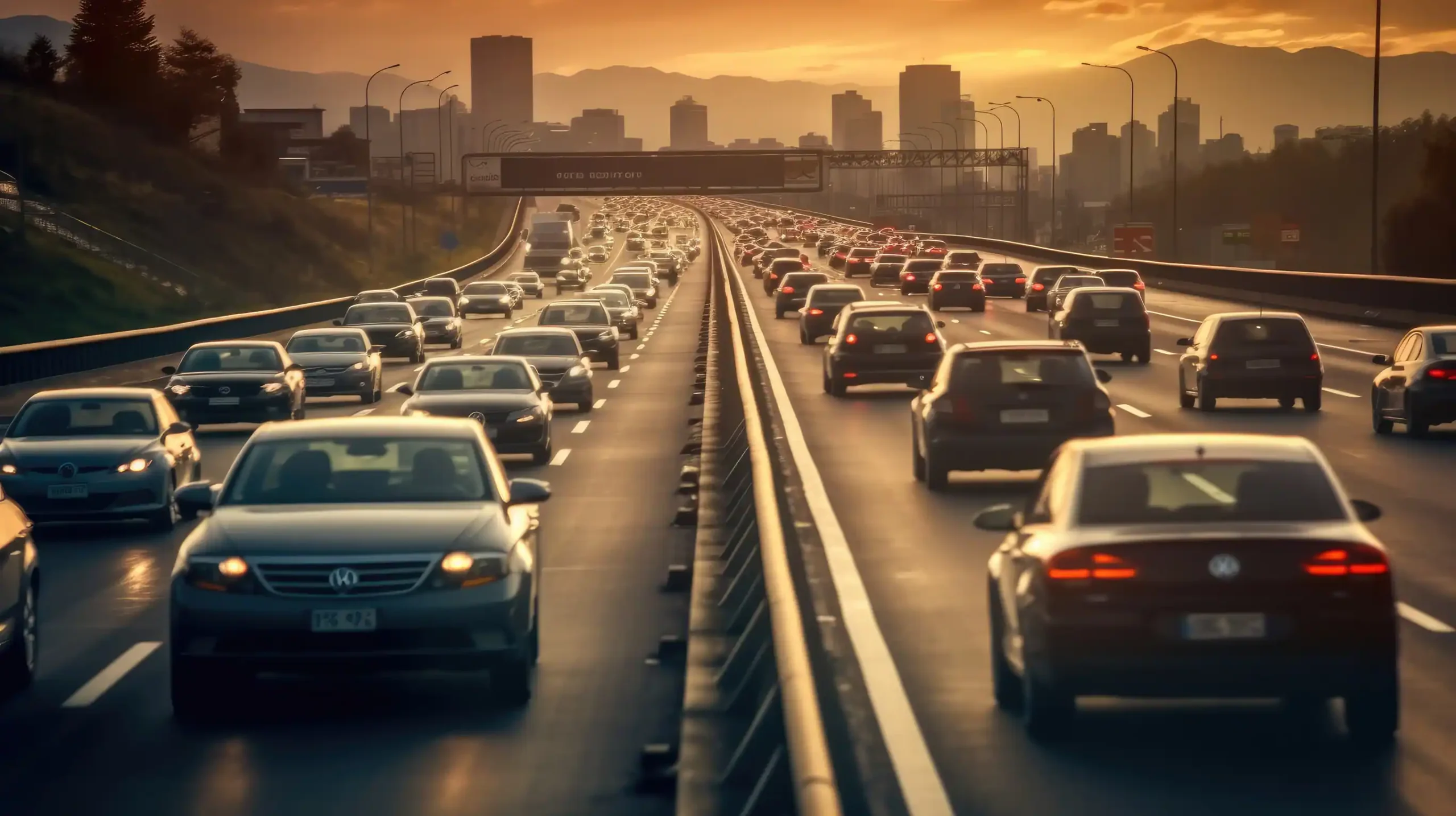 Una concurrida autopista de varios carriles llena de coches en ambas direcciones durante la puesta de sol, con edificios de la ciudad y montañas al fondo, capta una escena perfecta para un Borrador automático del movimiento incesante de la vida urbana. Una concurrida autopista de varios carriles llena de coches en ambas direcciones durante la puesta de sol, con edificios de la ciudad y montañas al fondo, capta una escena perfecta para un Borrador automático del movimiento incesante de la vida urbana.