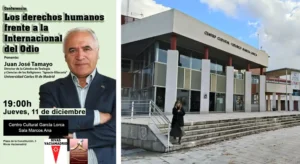 Un cartel para una conferencia sobre los derechos humanos y el odio, creado como borrador automático, muestra a un hombre trajeado con los brazos cruzados. A su lado hay un edificio moderno con ventanas de cristal y gente cerca de la entrada.