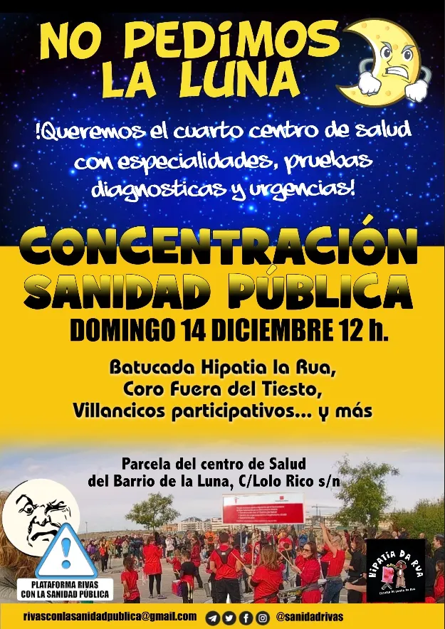 Cartel en español con texto en amarillo y blanco que anuncia una concentración por la sanidad pública el domingo 14 de diciembre a las 12 h. Presenta una luna de dibujos animados, una multitud, símbolos sanitarios, detalles del acto en la parte inferior y menciona a las familias de Rivas.