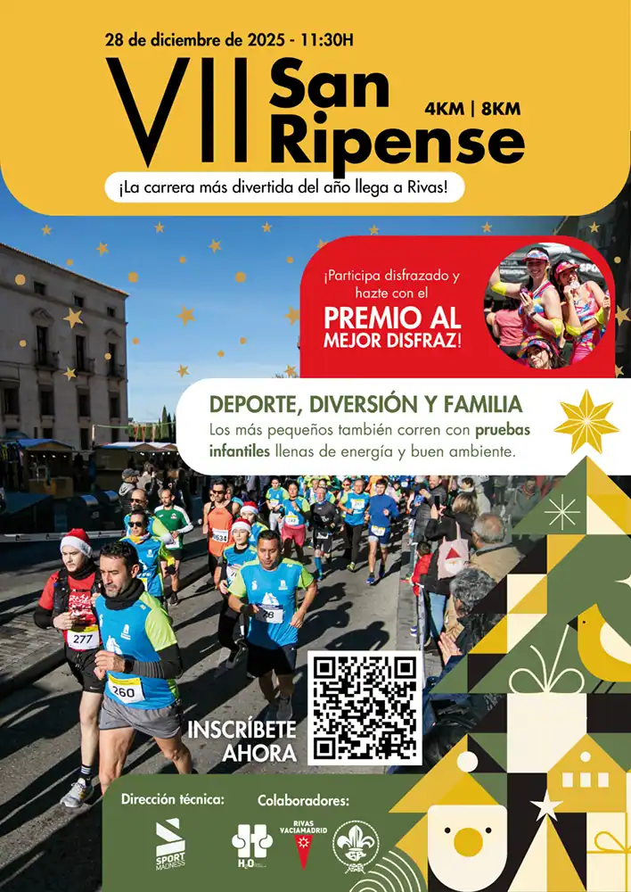 Cartel para la VII carrera popular San Ripense en Rivas, con corredores con coloridos atuendos, detalles del evento, código QR para la inscripción y gráficos festivos con árboles de Navidad y estrellas. ¡Únete a nosotros el 28 de diciembre de 2025!.