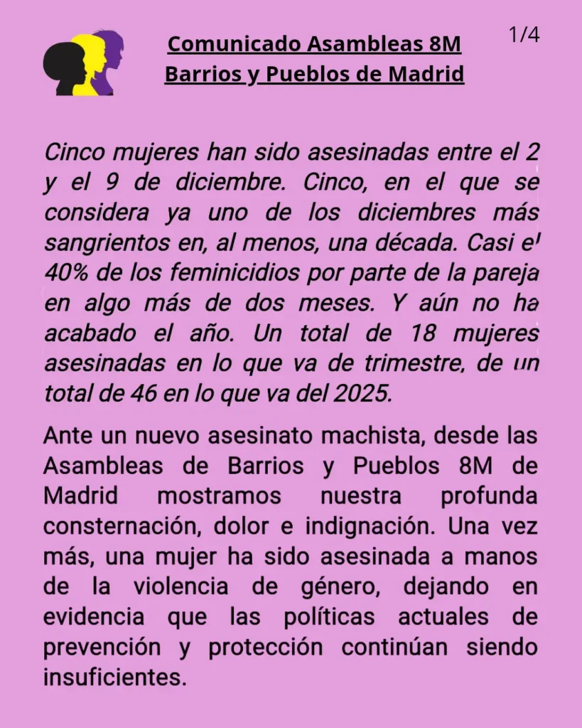 Gráfico informativo en español con texto sobre las mujeres asesinadas en Madrid. En la parte superior izquierda aparece la silueta de dos cabezas. El encabezamiento dice "Comunicado Asambleas 8M Barrios y Pueblos de Madrid". El texto principal comparte estadísticas sobre feminicidios.
