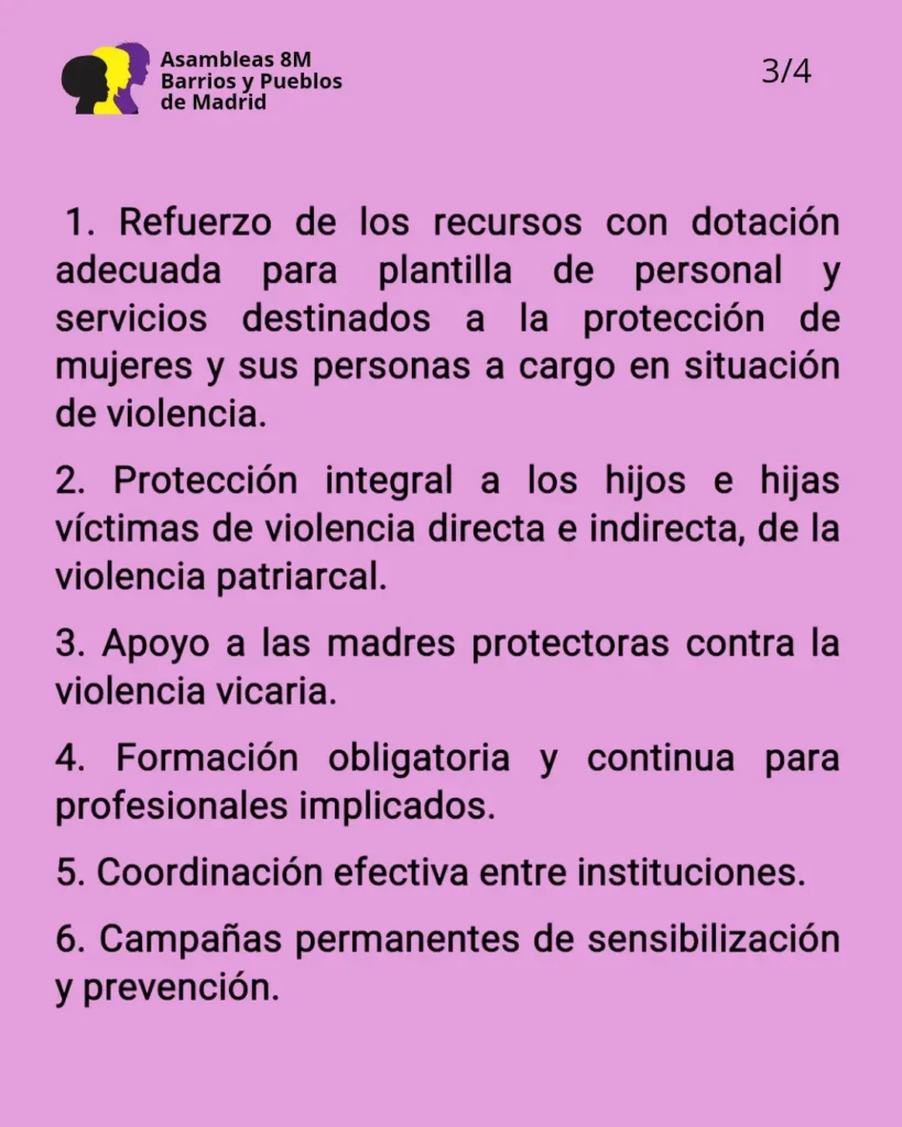 Un cartel morado con el logotipo de Asambleas 8M Barrios y Pueblos de Madrid, titulado 3/4, enumera seis medidas para la protección de las mujeres y los niños frente a la violencia, destacando el movimiento feminista. Escrito en español con texto en negro.