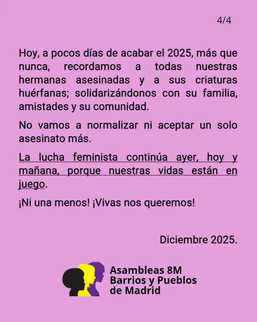 Un mensaje en español sobre fondo rosa habla del activismo feminista contra las mujeres asesinadas, haciendo hincapié en la solidaridad y la lucha continua. Se incluyen logotipos y se menciona diciembre de 2025.
