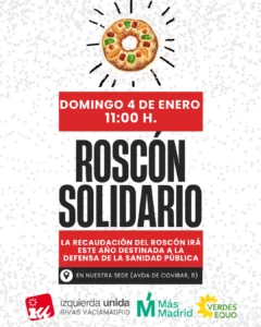 Cartel para un acto benéfico con una ilustración de un roscón y detalles del acto, creado con borrador automático. Se indica que la recaudación se destinará a la sanidad pública, con logotipos de grupos organizadores en la parte inferior.