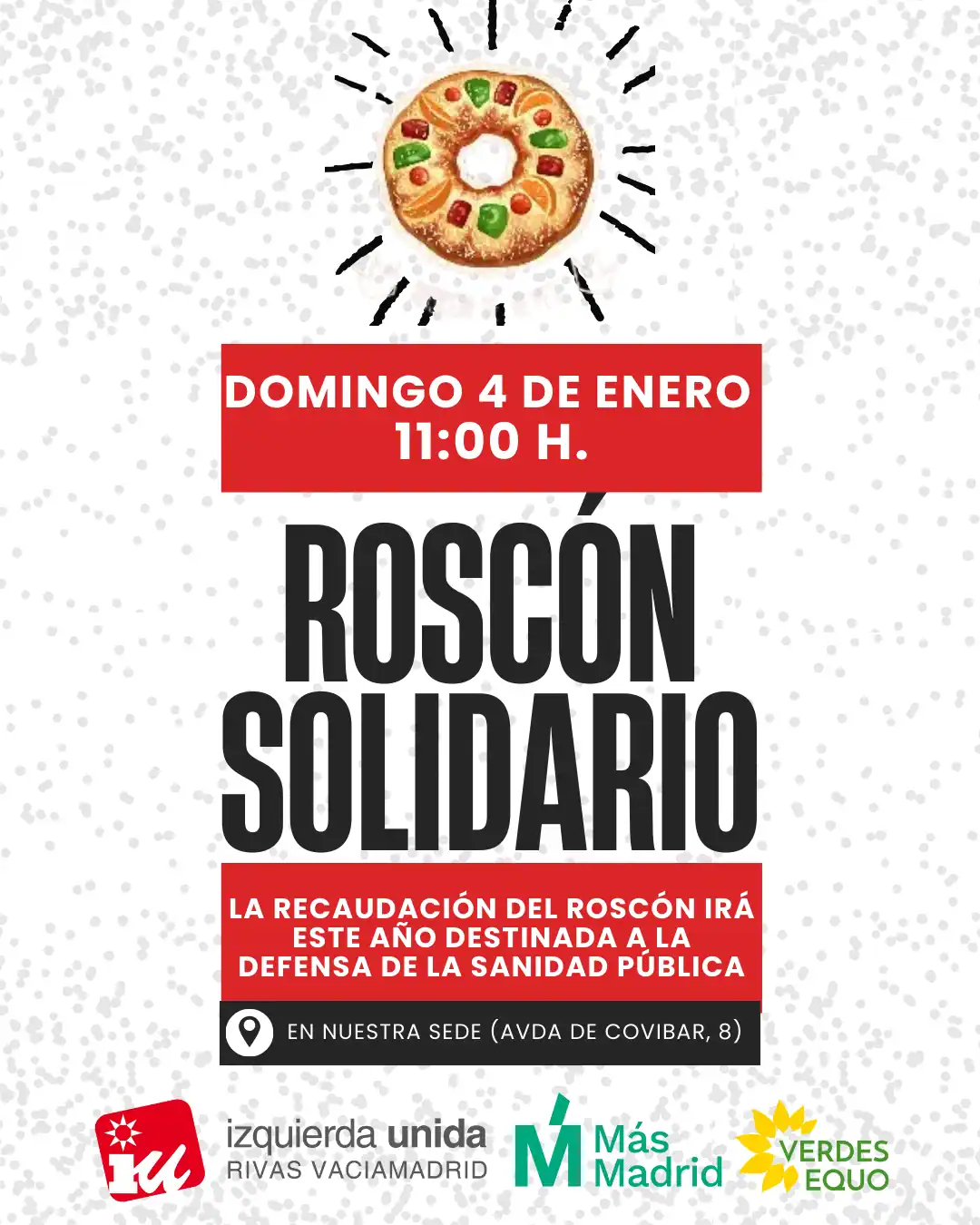 Cartel para un acto benéfico con una ilustración de un roscón y detalles del acto, creado con borrador automático. Se indica que la recaudación se destinará a la sanidad pública, con logotipos de grupos organizadores en la parte inferior.