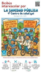 Cartel ilustrado promocionando el Bicibús Interescolar, un evento ciclista escolar por la sanidad pública. Niños y familias de Rivas montan en bicicleta sosteniendo carteles sobre los derechos sanitarios. A continuación se indican la fecha, la hora y los detalles del evento en español.