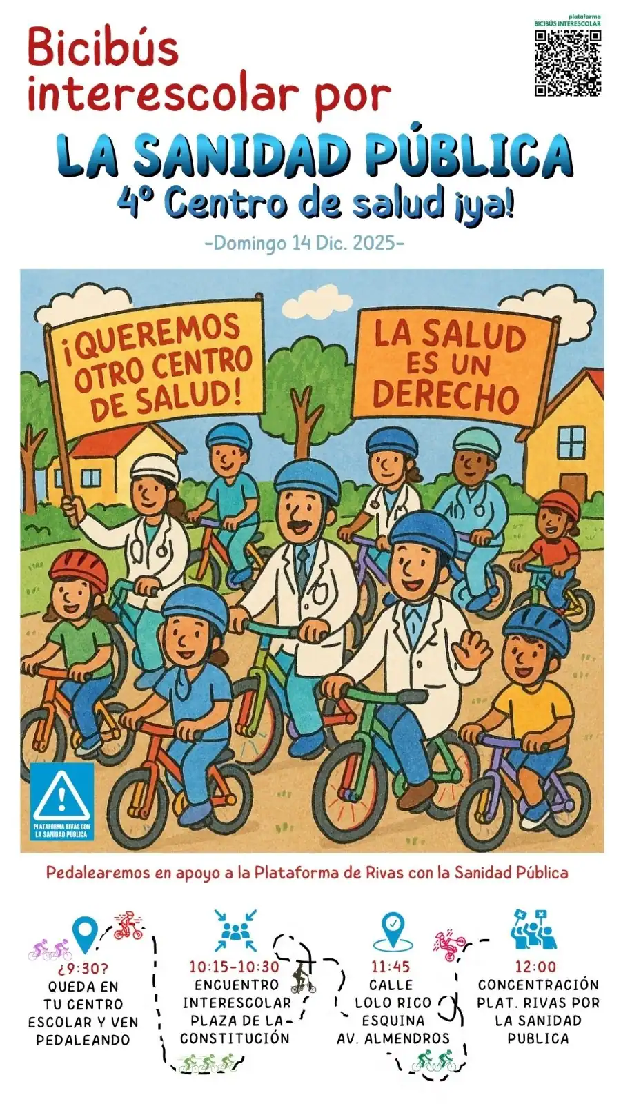 Cartel ilustrado promocionando el Bicibús Interescolar, un evento ciclista escolar por la sanidad pública. Niños y familias de Rivas montan en bicicleta sosteniendo carteles sobre los derechos sanitarios. A continuación se indican la fecha, la hora y los detalles del evento en español.