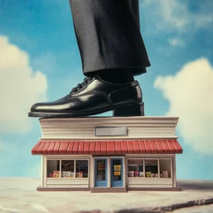 Una persona con zapatos de vestir negros y pantalones pisa el tejado de una pequeña maqueta de un edificio que parece una tienda de cómics, aludiendo al contraste entre la riqueza y los sueños cotidianos de la humanidad, con un cielo azul y nubes de fondo.