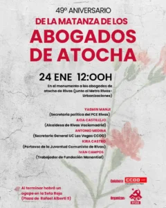 Cartel para el 49 aniversario de la matanza de Abogados de Atocha en Rivas, con detalles del evento, fecha, hora, lugar, ponentes invitados y organizaciones colaboradoras sobre un fondo de flores rojas estilo acuarela.