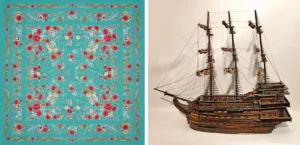 A la izquierda, un pañuelo cuadrado turquesa inspirado en un mantón de Manila, con motivos florales y de mariposas. A la derecha, una detallada maqueta de madera de un galeón con tres mástiles y aparejo visible.
