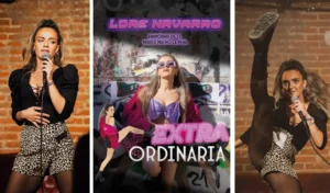 Tres im&aacute;genes de una mujer actuando en el escenario: la primera, sostiene un micr&oacute;fono; la del medio es un cartel con ella posando con gafas de sol con la etiqueta "borrador autom&aacute;tico"; y en la tercera, da patadas en alto mientras sostiene un micr&oacute;fono.