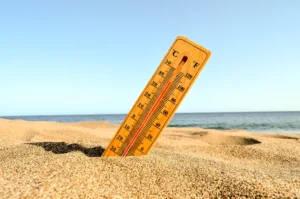 Un term&oacute;metro de madera est&aacute; clavado en una playa de arena con el mar y el cielo azul de fondo, ilustrando las altas temperaturas a las que puede enfrentarse la humanidad durante la intensificaci&oacute;n de las olas de calor en 2050.