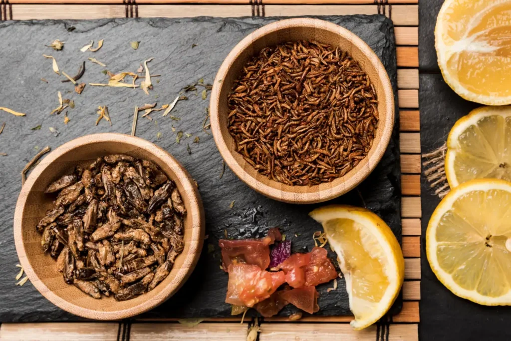 Dos cuencos de madera sobre una superficie de pizarra; uno contiene grillos secos sabrosos, el otro gusanos de la harina secos. Los gajos de limón, los trozos de tomate y las hierbas secas esparcidas añaden color y frescura.
